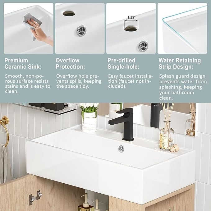 Virubi 21.6 in Small Bathroom Vanity with Sink,Doors and Storage Shelves,Wood Modern Single Fluted Bathroom Sink Cabinet Freestanding (Natural Wood,Right Shelf)