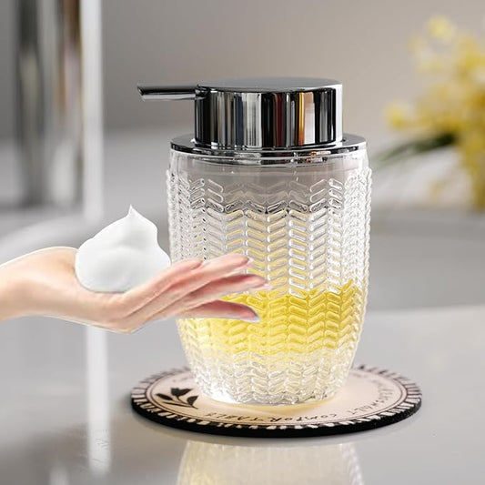 CICUFY Foaming Hand Soap Dispenser, Glass Foam or Lotion Dispenser for Kitchen & Bathroom Refillable Liquid Soap with Large Silver Pump(Barrel Pattern-Clear)