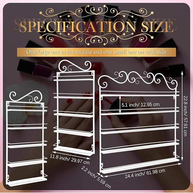 Sintuff 3 in 1 Nail Polish Rack Wall Mount Nail Polish Organizer 5 Tiers Shelf Storage Display Holder Stand Holds 200 Bottles for Home Salon Business Spa(White)