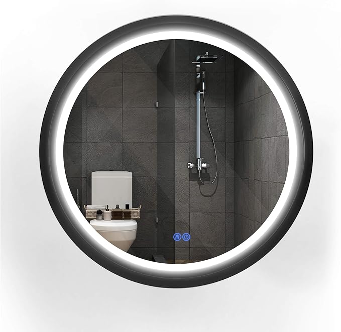 28 Inch Round LED Mirror for Bathroom, Black Metal Frame Lighted Vanity Mirror with 3 Color Modes, Touch Dimmer - Anti-Fog Wall Mounted Circle Mirror with Lights - Fab Glass and Mirror
