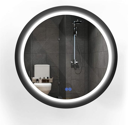 28 Inch Round LED Mirror for Bathroom, Black Metal Frame Lighted Vanity Mirror with 3 Color Modes, Touch Dimmer - Anti-Fog Wall Mounted Circle Mirror with Lights - Fab Glass and Mirror