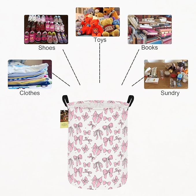 HUNRUNG Laundry Hamper,Large Canvas Fabric Lightweight Storage Basket Toy Organizer Dirty Clothes Collapsible Waterproof for College Dorms???Round-Pink Bow???