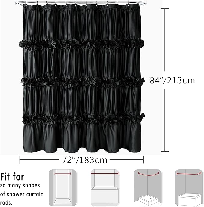 Black Ruffle Shower Curtain, Vintage Handcrafted Bow Tie Bath Curtain for Master Bathroom, Ruched Satin Bathroom Curtain with 12 Buttonholes, 72" W x 84" H (LQ-10)