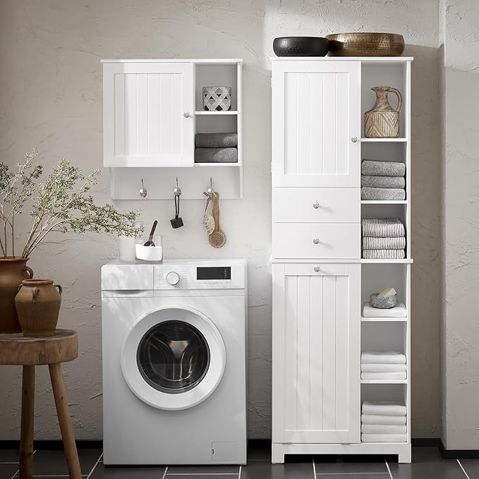 SoBuy Tall Tilt-Out Laundry Hamper Cabinet with Removable Basket and Shelves, Freestanding Laundry Storage Cabinet for Laundry Room or Bathroom, Modern White Laundry Furniture BZR104-W