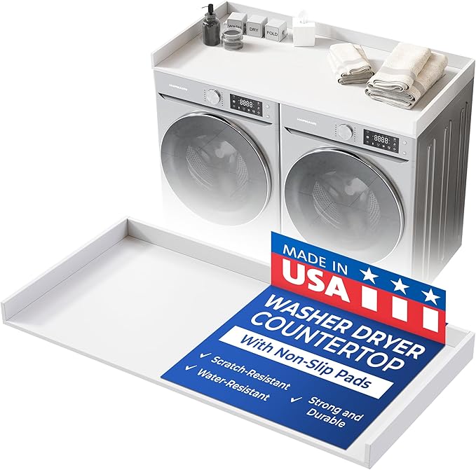 OfficeSimpli Washer Dryer Countertop, Made in USA, Non-Slip Pads, Laundry Room Wood Topper, Washer Dryer Cover for Top, Laundry Countertop, Laminate Finish (Glacier White, Extra Large (30" x 58"))