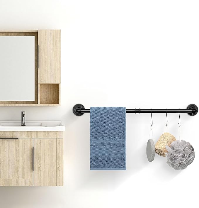 Industrial Pipe Towel Rack Towel Bar, Heavy Duty Wall Mounted Rustic Farmhouse Bath Towel Holder for Bathroom (Black, 28 inch)