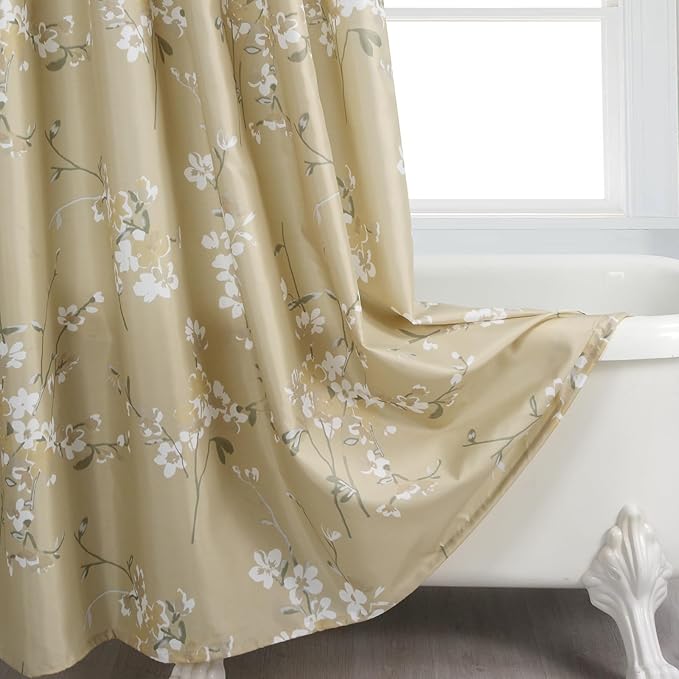 Long Fabric Shower Curtain, Beige Gold Floral Plant Flower Shower Curtains for Bathroom, Waterproof Bathroom Curtains, 72" W x 78" H
