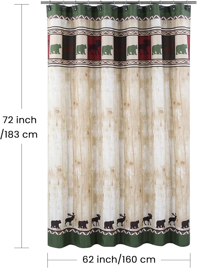 Fabric Shower Curtain, Bear and Moose Shower Curtain, Cabin Lodge Shower Curtains for Bathroom, Waterproof Bathroom Curtains, 62" W x 72" H