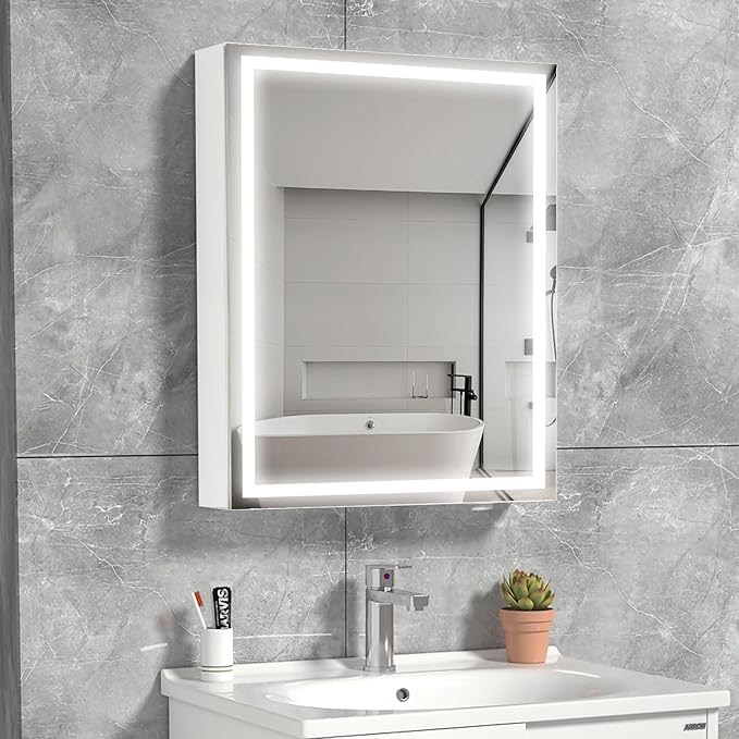 32 x24Inch LED Medicine Cabinet Mirror with Lights for Bathroom, Defogger,Stepless Dimmable,3000K/5500K Color Temperature Wall Mounted Makeup Mirror, Adjustable Shelf (Assembly Required)