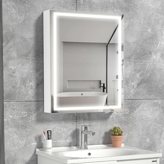 32 x24Inch LED Medicine Cabinet Mirror with Lights for Bathroom, Defogger,Stepless Dimmable,3000K/5500K Color Temperature Wall Mounted Makeup Mirror, Adjustable Shelf (Assembly Required)
