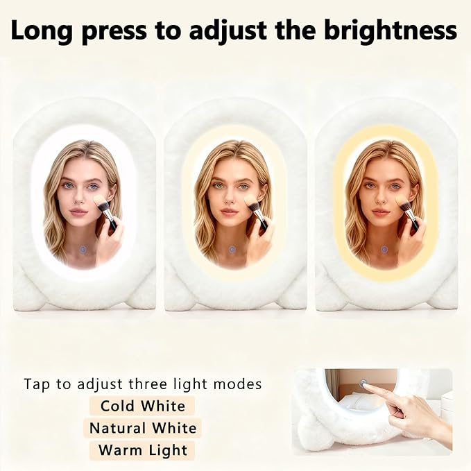 Lighted Makeup Mirror, 12”x16” Vanity Mirror with 3 Colors, Fur Wrapped Cosmetic Light Up Mirror Smart Touch Dimmable 3 Modes Light Tabletop Compact Mirror for Women Girlfriend Gift (White)