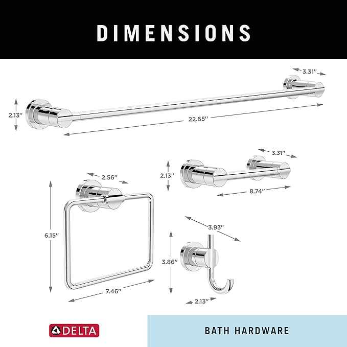 DELTA FAUCET NIC64-PC Nicoli 4-Piece Bath Hardware Set 18 to 24 in. Towel Bar, Toilet Paper Holder, Towel Ring, Towel Hook in Polished Chrome