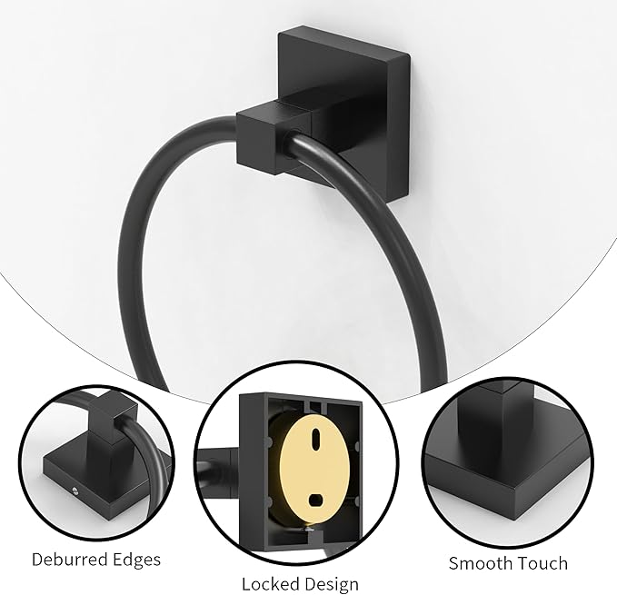 RUACQ Towel Ring-Matte Black Towel Holder Square Base Stainless Steel and Zinc Alloy Modern Wall Mounted