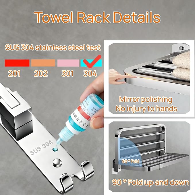 24" Double Towel Rack with 7 Hooks, SUS304 Stainless Steel Towel Bar Towel Rack with Shelf, 90° Foldable Towel Holder, for Bathroom Wall Mounted.（Mirror Polished Silver）