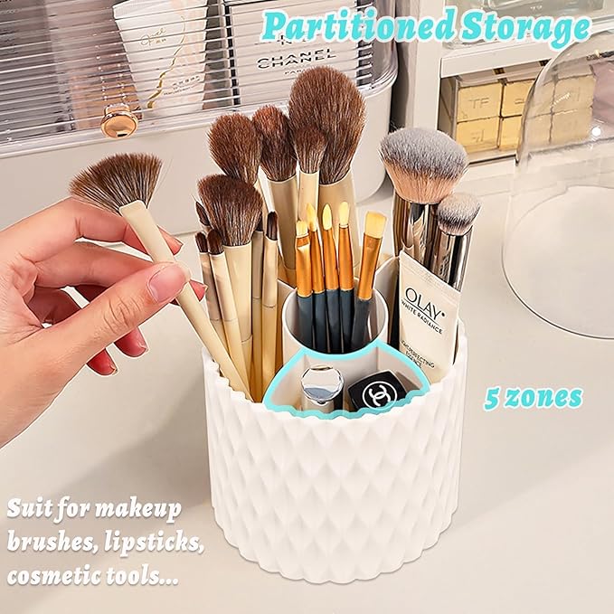 VNIMTI 360??Smooth Rotating Makeup Brush Holder with Dustproof Lid Spinning Vanity Organizer for Beauty Lipstick Perfume,Brushes Storage Container,Countertop,Dressing Table,Bathroom Desk (White)