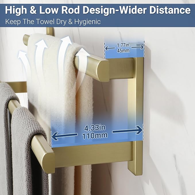 SAYAYO Double Towel Bar for Bathroom, 31.5 Inch Brushed Gold Bath Towel Rack Towel Holder Wall Mounted, SUS304 Stainless Steel