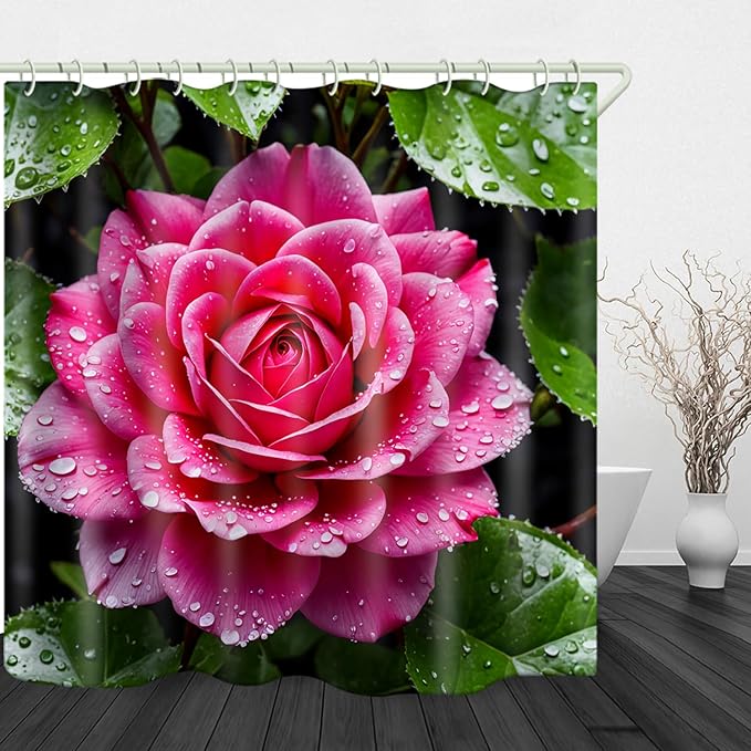 Bright Fabric Shower Curtains, Pink Flower Theme Design Art Shower Curtains, Bathroom Decor Set, 12 Shower Curtain Hooks (72 "Wx72 L) Inch Waterproof Shower Curtain.