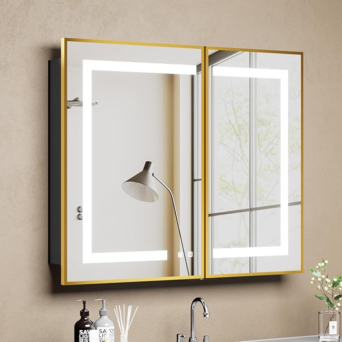 LOVMOR Led Medicine Cabinet with Mirror, Bathroom Vanity Mirror Cabinet with Shelves, 3-Color Lights Dimmer, Gold 32" H x 40" W