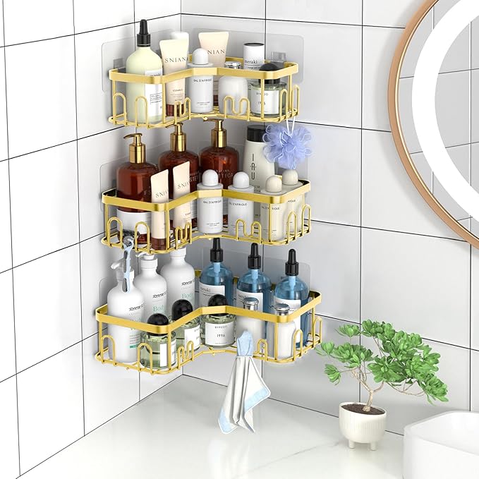 Menbyci 3 Pack Corner Shower Caddy, Adhesive Bathroom Shelves with 18 Hooks, Drill-Free & Quick-Dry Shower Organizer with Large Capacity, Rustproof Stainless Steel Bathroom Corner Storage Rack, Gold