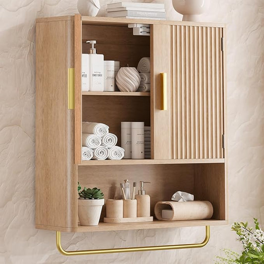 Memobarco Bathroom Cabinet Wall Mount with Fluted Door Panel & Adjustable Shelf, Medicine Cabinet with Open Partition and Towel Bar, Wall Storage Cabinet for Laundry Room & Kitchen (Natural Oak)
