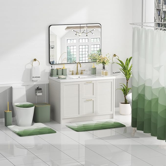 XLHOMO Bathroom Accessory Set - 26PC Bathroom Shower Curtain and Rug Set, Bathroom Accessories Set, Sage Green Bathroom Set with Trash Can, Toilet Brush, Qtip Holder & Soap Dispenser