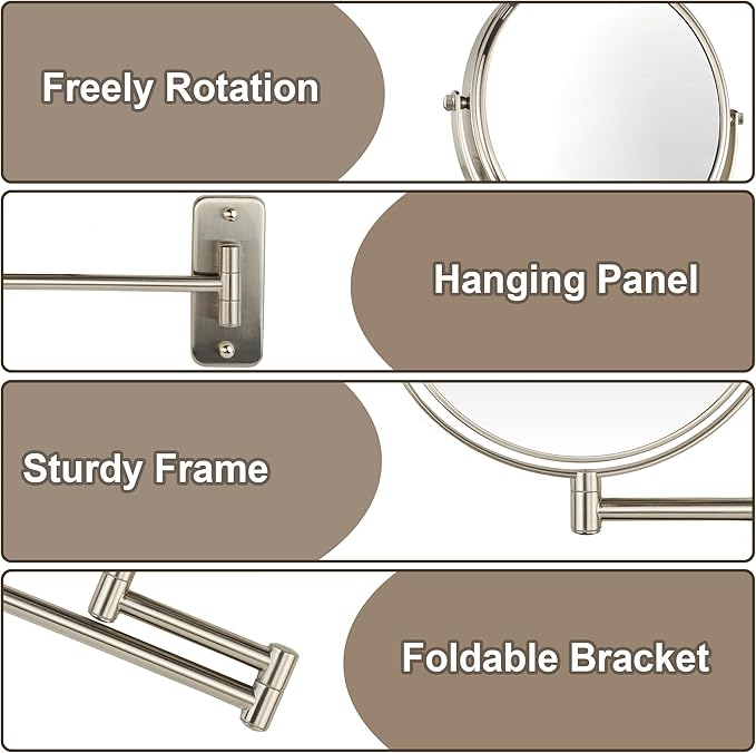 JANEEVA 8" Wall Mounted Makeup Mirror, 10X Magnifying Mirror with 360 Extendable Arm - Double Sided Vanity Mirror for Bathroom (Brushed Nickel)