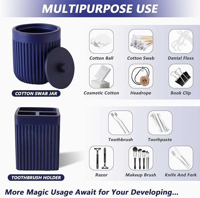 XLHOMO Resin Navy Blue Bathroom Accessories Set 5 Pcs, Lotion Soap Dispenser, Toothbrush Holder, Bathroom Tumbler, Qtip Holder and Vanity Tray, Bathroom Countertop Organizer Set for Modern Apartment
