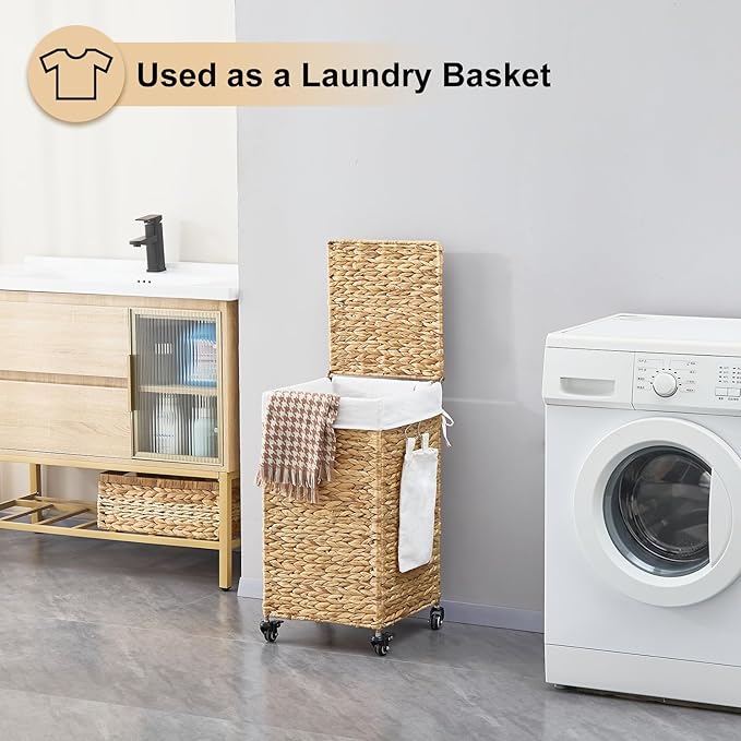 Handwoven Hamper with Lid, Laundry Basket with Wheels, Machine Washable Liner, Clothes Hamper for Bathroom Laundry Room Bedroom(Natural, 78L)
