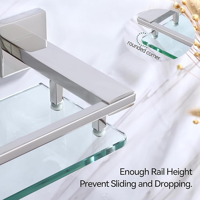 LANC Chrome Bathroom Shelf Glass Shelves 20-Inch Floating Tempered Glass Shelf Rectangular Stainless Steel Wall Mounted Silver Polished Shelves for Bathroom Kitchen Organizers Accessories, A7613CP