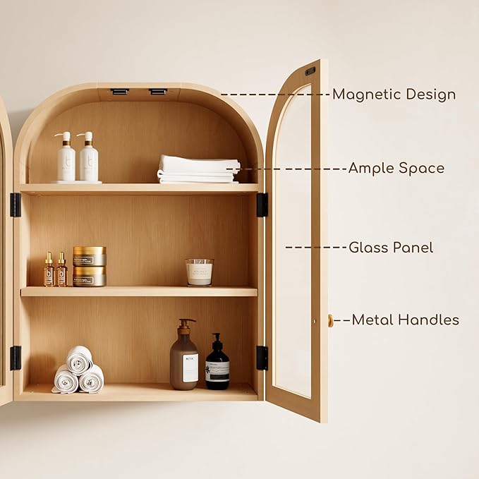 Fatmok Arched Bathroom Wall Cabinet Set of 2, Over-The-Toilet Storage Cabinet with Glass Doors & Adjustable Shelf, Wood Floating Medicine Cabinet for Bathroom, Laundry, Kitchen(Natural Wood)