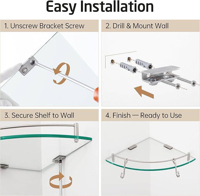 KES Glass Corner Shelf with Hooks 18/8 Stainless Steel, Tempered Glass Bathroom Corner Shelf with Rail, Shower Glass Shelf 3 Pack Wall Mounted, Brushed Finish, BGS2101A-2-P3