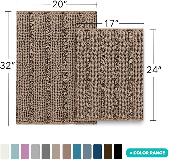 Turquoize Chenille Bathroom Rugs Set Non-Slip Bath Mats for Bathroom Extra Absorbent Shaggy Bath Mats for Floor Indoor Mat for Kitchen/Entryway (20" x 32" and 17" x 24"), Taupe Brown