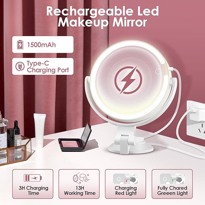 30X/1X Magnifying Mirror Suction Cup with Powerful Locking, Wall Mounted Makeup Mirror, Shaving Mirror for Bathroom, Detachable for Travel, 3 Color Modes and Adjustable Brightness (7 inch)
