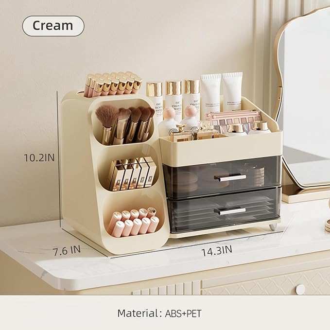 Makeup Organizer for Vanity, Large Capacity Cosmetic Display Case with Clear Acrylic Drawer, Countertop Beauty Storage Holder for Skincare, Brush Eyeshadow Lipstick Counter Desk, Crystal Cream