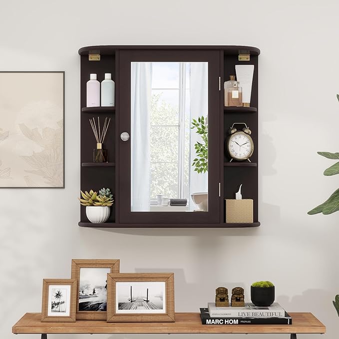 COSTWAY Medicine Cabinet with Mirror, Wall Mounted Bathroom Storage Cabinet with Mirror Door and Adjustable Shelves, Space-Saving Storage Organizer for Living Room Kitchen Entryway (Brown)
