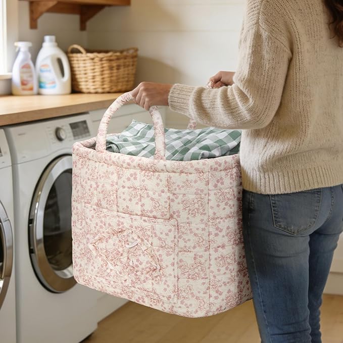 Quilted Fabric Basket Car Storage Basket Boho Floral Laundry Hamper for Nursery Bedroom & Living Room | Organize Clothes Toys