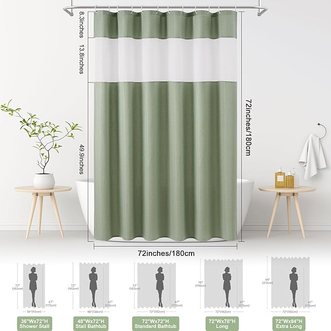 UFRIDAY Sage Green Waffle Weave Shower Curtain 72x72 inch, Spa Like Hotel Style Bath Curtain with Mesh Top Window, Heavy Duty Thick Fabric Shower Curtain for Bathroom, Machine Washable Water Resistant