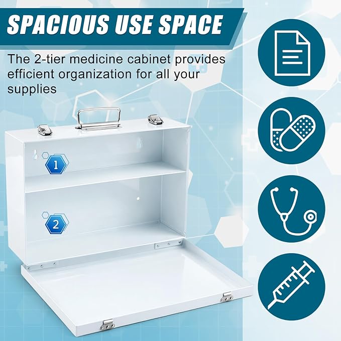 Zonon 1 Pcs Industrial Empty Medicine Cabinet 15" W x 10-1/4" H x 4-1/2" D, Large Capacity Metal First Aid Cabinet with Fold Down Door, 2 Shelves Medicine Organizer for Medication for Bathroom, White