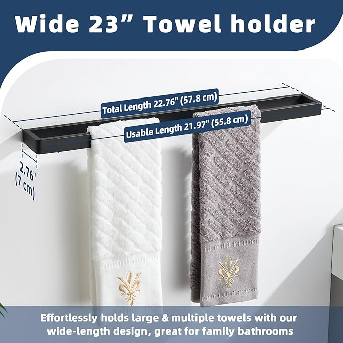 APLusee Matte Black Towel Bar Wall Mounted, Heavy Duty 304 Stainless Steel Towel Rack for Bathroom Wall, Modern Bathroom Towel Holder, 22.8 Inch Length