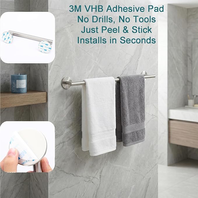 24 Inch SUS304 Stainless Steel Brushed Nickel Command Towel Bars - Self Adhesive Towel Holder for Bathroom Wall and Kitchen and Showroom Inside, Bathroom Organizers and Storage