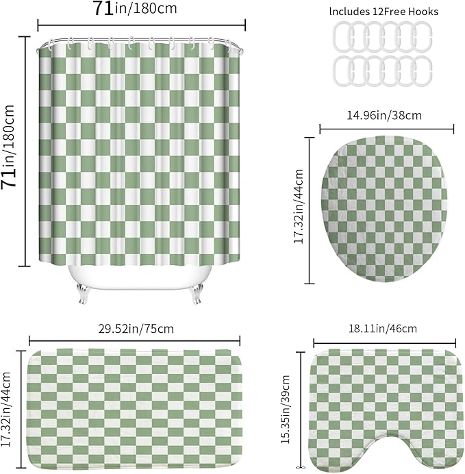 4 PCS Checkered Shower Curtain Sets Fun Gingham Bathroom Sets Soft Non Slip Bath Rugs Toilet Cover U-Shaped Mat Retro Bright Waterproof Shower Curtains with 12 Hooks for Tub Toilet, Green