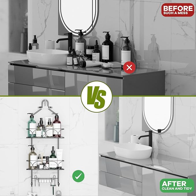 Aluminum Shower Caddy Hanging for Handheld Showerheads, Never Rust Shower Organizer with Hooks Holder Toothbrush Holder，Over Showerhead Caddy for Bathroom