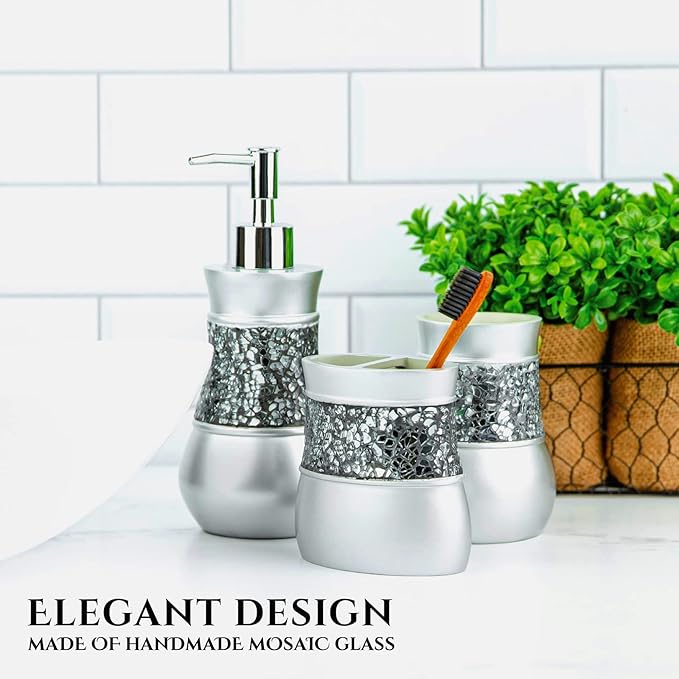 Creative Scents Crackled Glass Bathroom Tumbler Cup - Decorative Silver Crackled Glass Rinse Mug for Water, Best Tumblers for Mouthwash/Rinsing