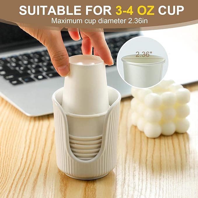 Dobbyby Ceramic Bathroom Cup Dispenser with Stylish Vertical Stripes - Disposable Mouthwash Cup Holder Holds 3-4oz Paper Cups for Rinsing Cups on Bathroom Vanity Countertops (White)