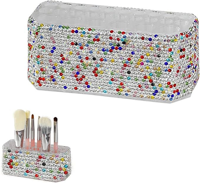 Clear Acrylic Makeup Eyeliner Lip Liner Holder Organizer,Bling Crystal Makeup Brush Holder,26 Spaces (Colorful)