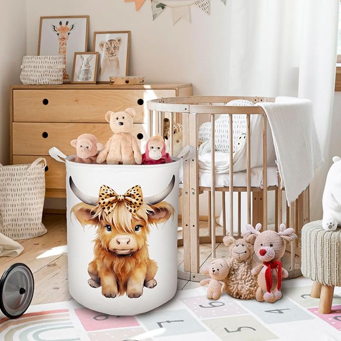Highland Cow Baby Nursery Laundry Basket, Toybox for Girls Room, Leopard Bow Cow Laundry Basket Hamper Waterproof Collapsible Clothes Toys Storage Bin Organizer for Kids Room Playroom Bathroom