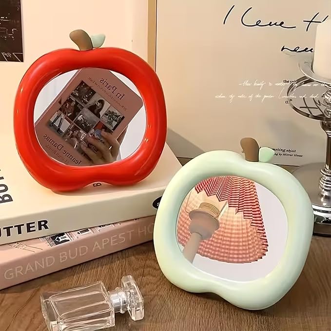 Apple Shaped Makeup Mirror - 6.22x6.3 Inch Portable Vanity Mirror with Stand, Cute Desk Decor for Bedroom, Bathroom & Office (Green)