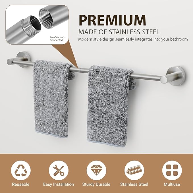 Bathroom Hardware Set 4 Piece – 24 Inch Towel Bar Set,Rustproof Stainless Steel Bathroom Accessories Kit with Towel Ring, Toilet Paper Holder & Robe Hook, Wall Mounted Bathroom Fixtures Set