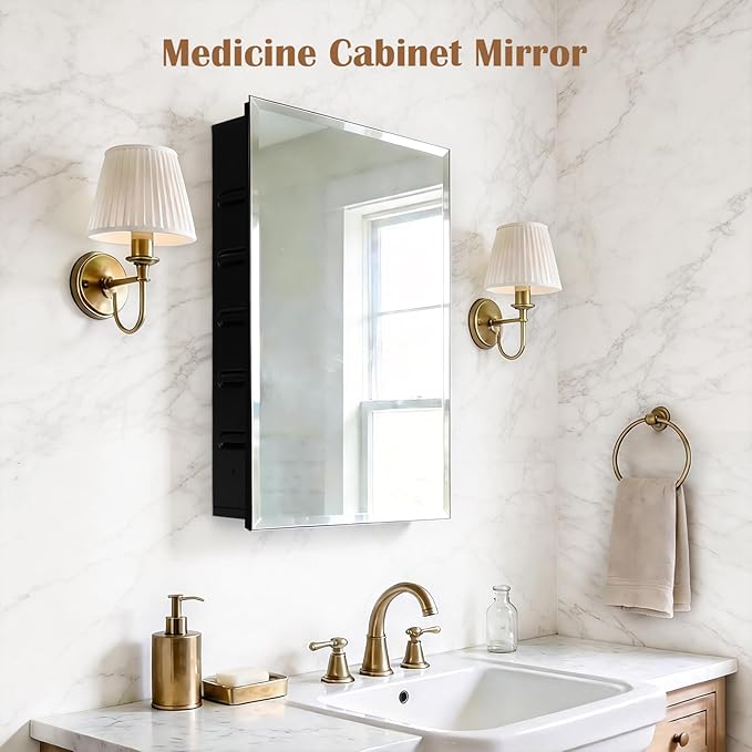 16x20'' Bathroom Medicine Cabinet Mirror with Storage, Surface Mount or Recessed Medicine Cabinet with 3-Tiered Adjustable Tempered Glass Shelves