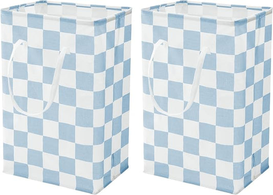 Checkered Laundry Hamper, Pack of 2, Large Pastel Blue Collapsible Cloth Hampers Basket for Storage Organization Cute Aesthetic, 2 x 75L